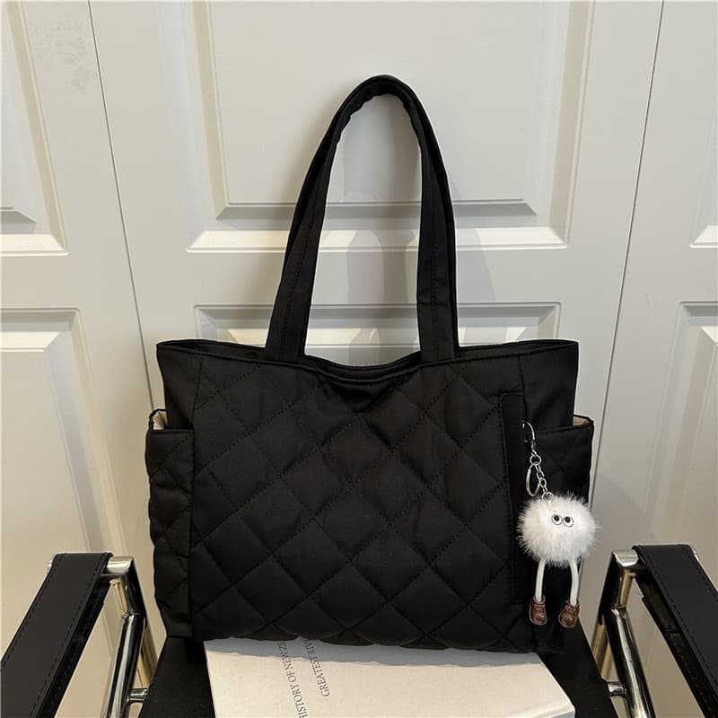Versatile cotton clothing for women, portable shoulder bag for commuting, large capacity, new embroidered rhombus, simple Korean style tote bag for women