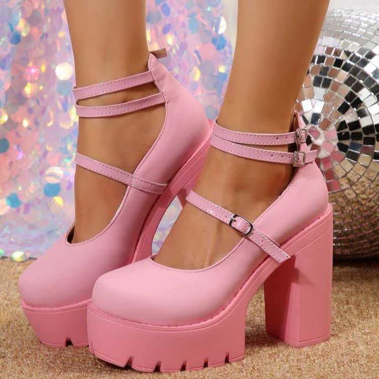 2024 Spring New Women's Platform Block Heel Mary Janes, Solid Color Buckle Strap Round-Toe High Heels, Formal Attire