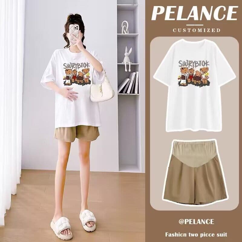 Maternity Short-Sleeved Tops Summer 2025 New Plus Size Loose Fit Belly Cover Summer Maternity Shorts Set