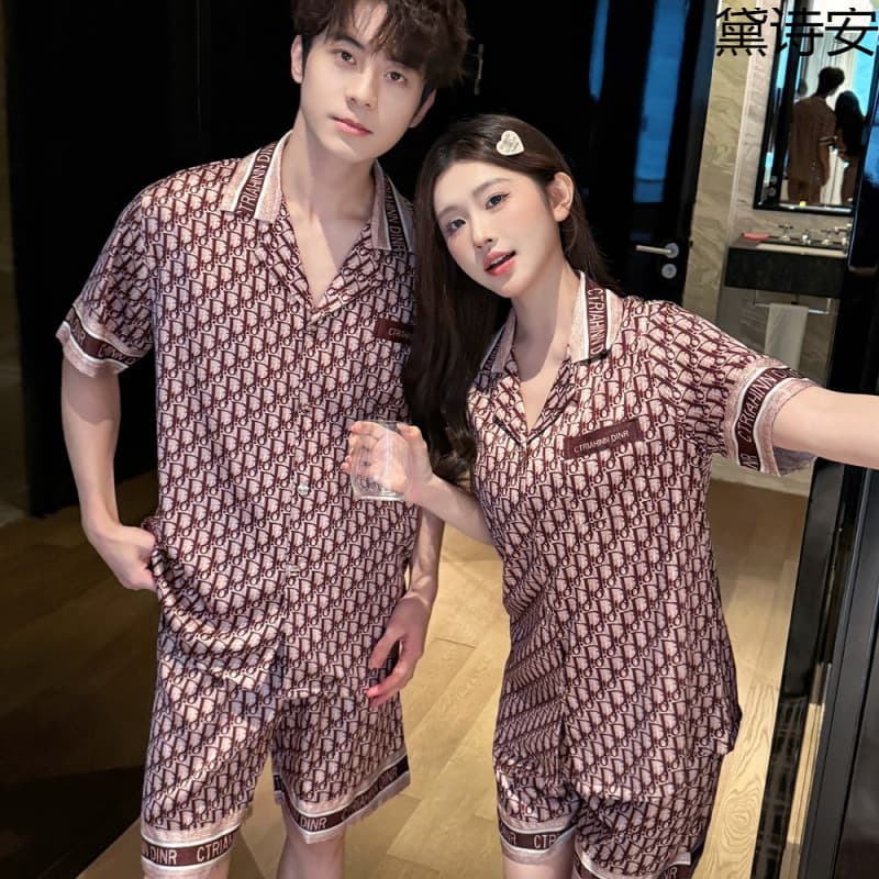 Daishian Short Sleeve Couple Pajamas Summer Cool Cardigan Women's Homewear Set Premium Ice Silk Men's