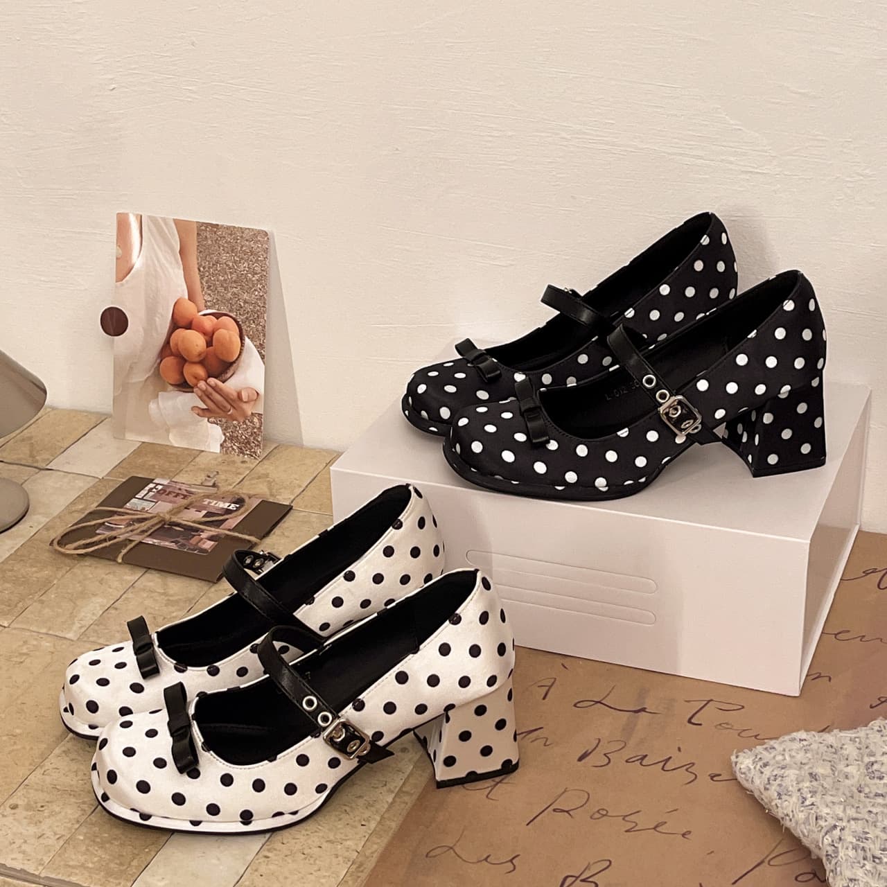 Chanel-Style Polka Dot Square-Toe Flat Mary Jane Shoes for Women, 2026 Spring/Summer New Versatile Soft-Soled High-Heeled Single Shoes