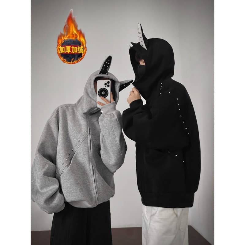 Couple Style American Doberman Premium Cardigan Fleece-Lined Thick Hoodie for Men with Studs, Edgy Heavyweight Jacket