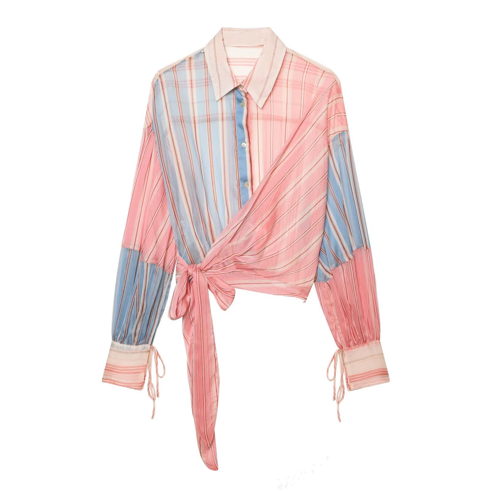 Myst&Za Women's 2026 Summer New Fashion Versatile Micro-Transparent Striped Patchwork Tie Blouse 2709794