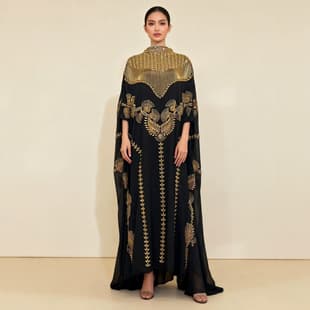 Cross-border Supply Luxury Black Gold Heavy Beaded Sequin Long Robe Two-Piece Set Cape Style High Neck Dress