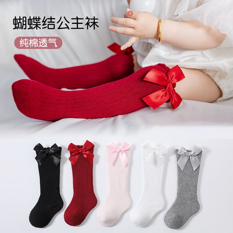 New Children's Socks Striped Mid-Calf Socks Kids Bow Long Socks Bubble Cuff Loose Top Baby Socks Spring Autumn