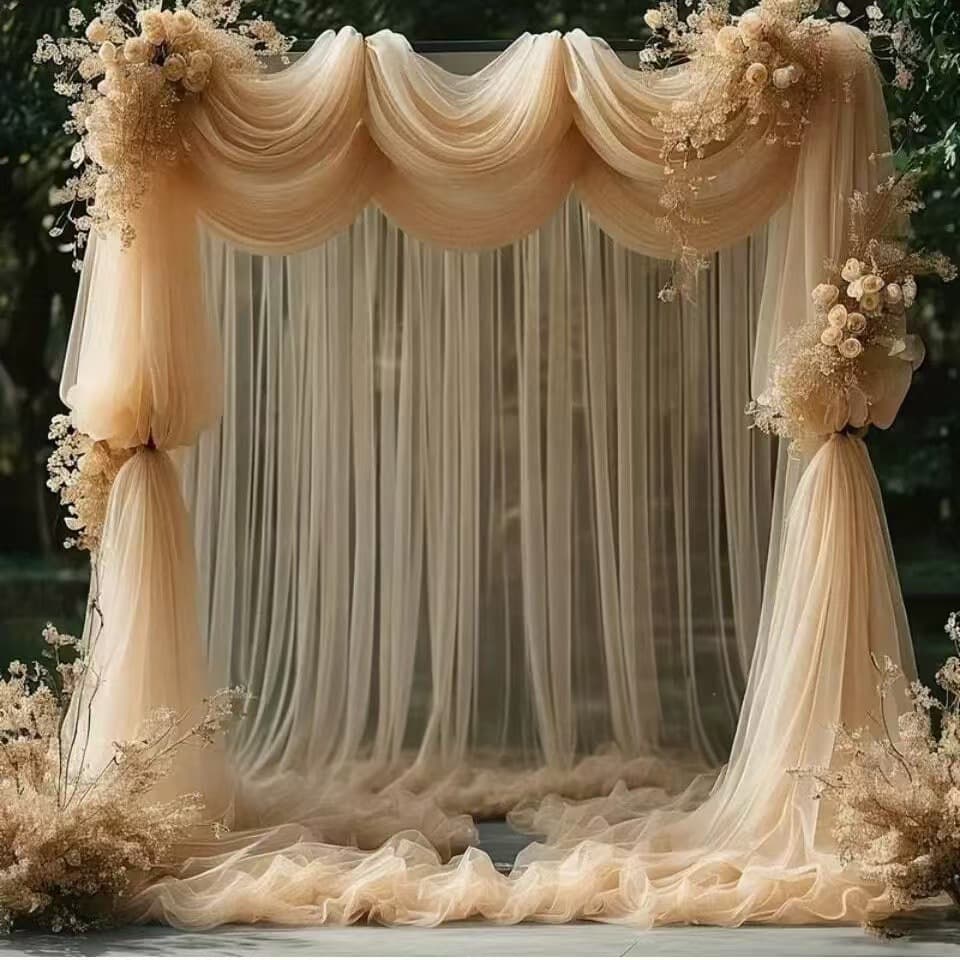Champagne Sheer Curtain Voile Fabric for Stage Backdrop, Lawn Outdoor Wedding Arch Decoration, Bali Gauze Table Runner