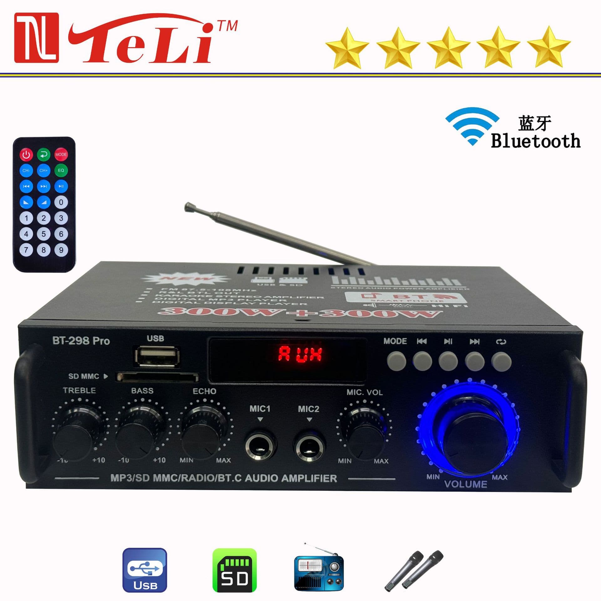 Cross-Border Export Mini BT-298Pro Bluetooth USB Drive Radio 12V/220V AC and DC Car Home Amplifier