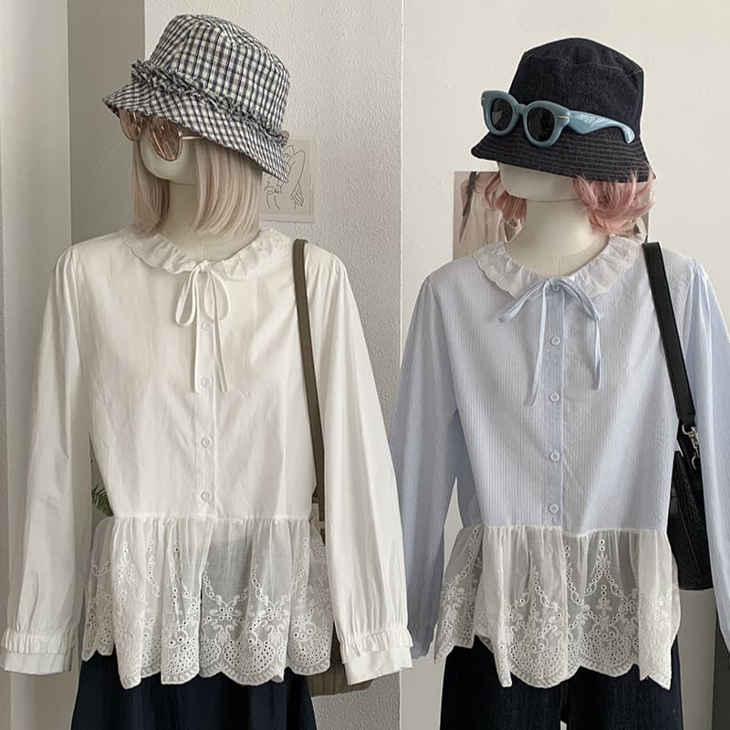 KEKEZOON Lace Patch Stripe Long-Sleeve Shirt for Women Autumn Faux Two-Piece Loose Chic Top 8603