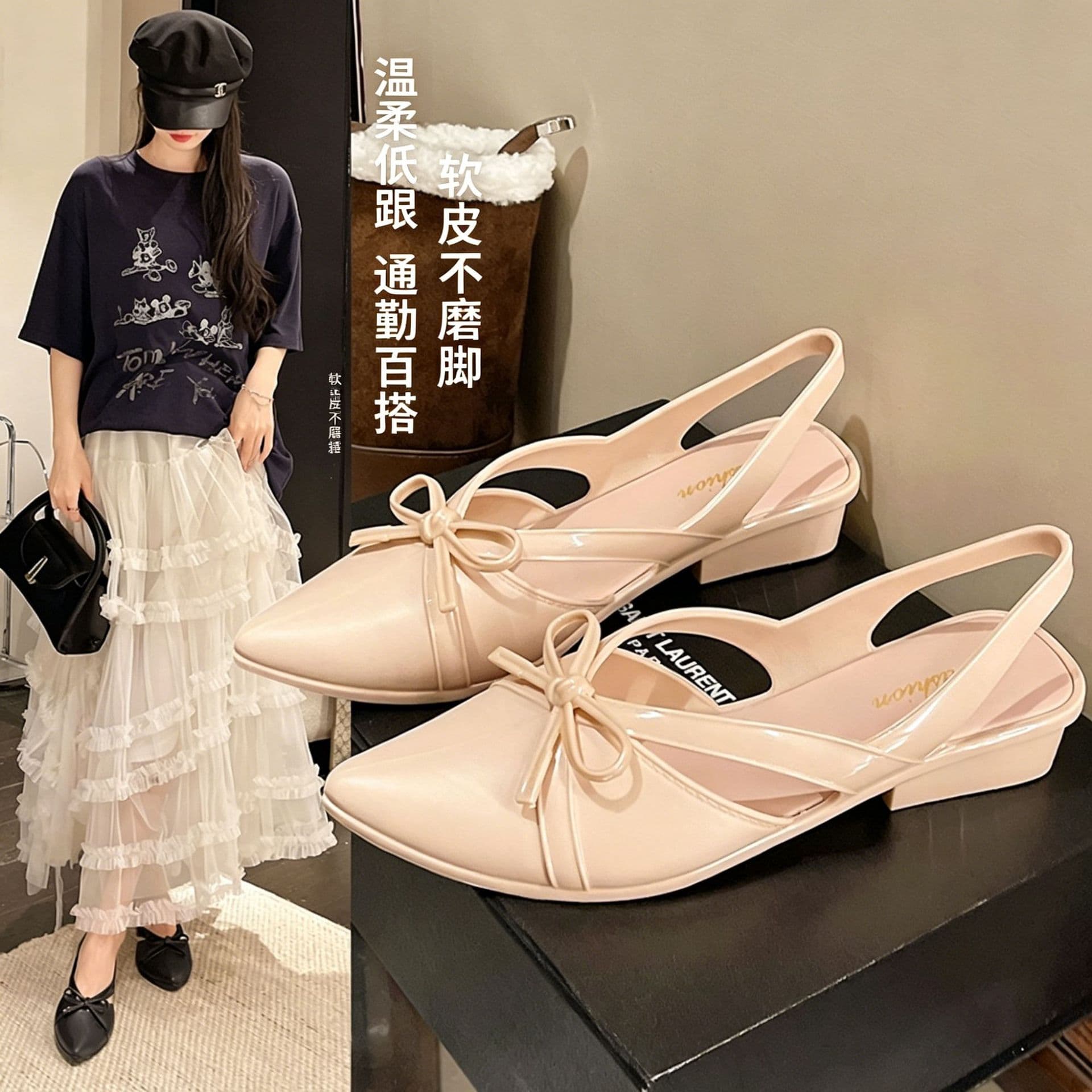 2026 New Spring Summer Closed-Toe Sandals French Block Heel Nude Bow Fairy Shoes for Dresses Pointed Toe Flats