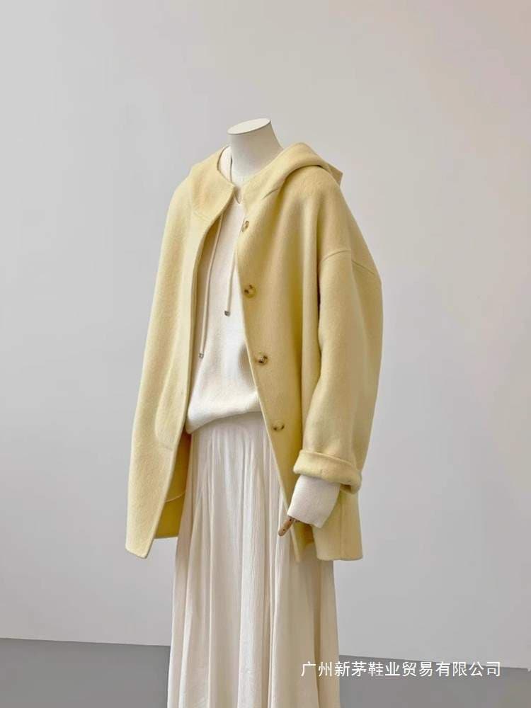 Feeling mid-length hooded woolen coat for women autumn and winter double-sided cashmere woolen coat butt-covering top