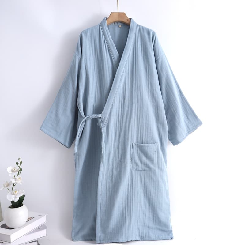 Spring/Summer Muji-Style Pure Cotton Four-Layer Gauze Bathrobe Mid-Length Cardigan, Full Cotton Japanese Kimono Sleepwear with Tie Belt