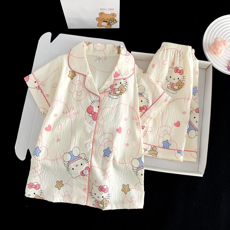Children's Summer Short-Sleeved Cloud Cotton Pajama Cardigan Girls' New Cartoon Print Cute Home Wear Set