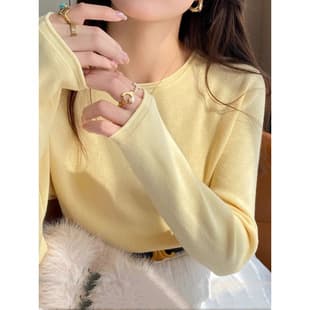 Yellow Low Round Neck Base Layer Top for Women, Autumn/Winter 2025 New, Loose Thin Knit Long Sleeve Sweater