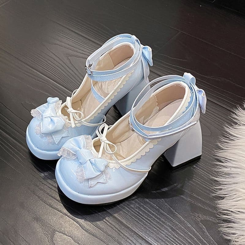 Lolita Sweet Thick-Soled Blue High Heels 2025 New Style Soft Girl Lolita Japanese Cute Bow Shoes