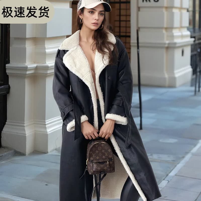 In Stock Cross-Border Women's Autumn/Winter New Double-Wear Lapel Coat Fashionable Faux Fur Lined Long Coat