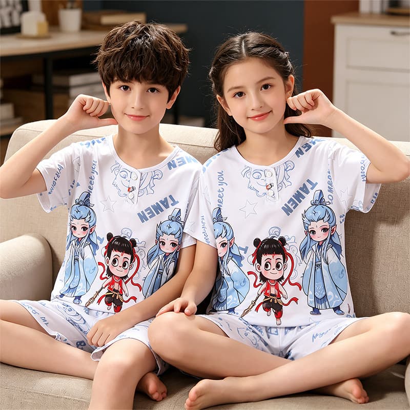Children's Cotton Pajama Set Short Sleeve Shorts Boys Girls Thin Soft Homewear Cute