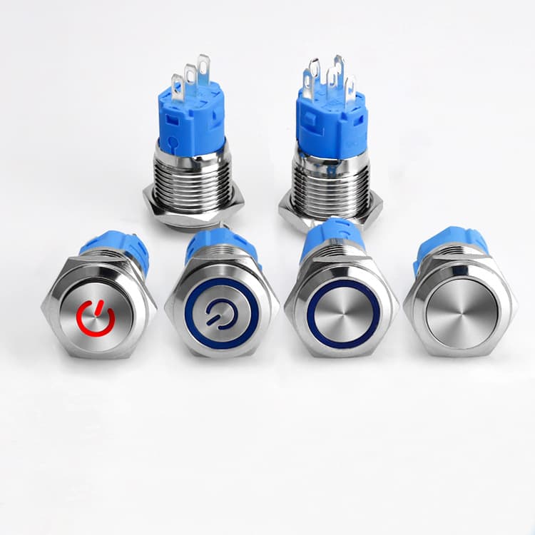 Metal push-button switches 16mm, 19mm, 22mm waterproof metal push-button switches, self-locking/self-resetting with LED light.