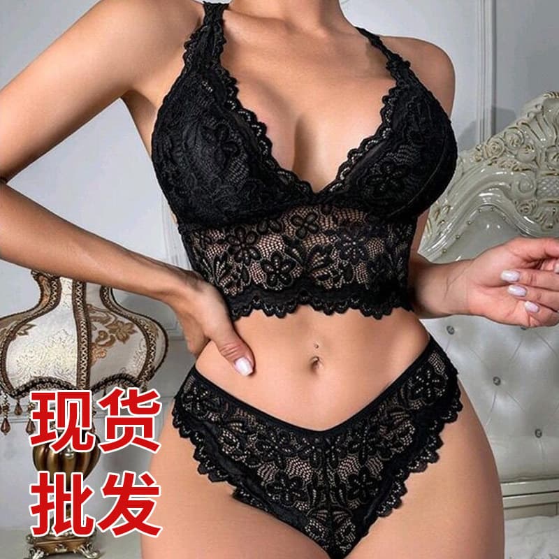 Cross-border Plus Size Lingerie for Overseas Markets, Lace See-through Open Back Sexy Three-piece Set, Lace Panties