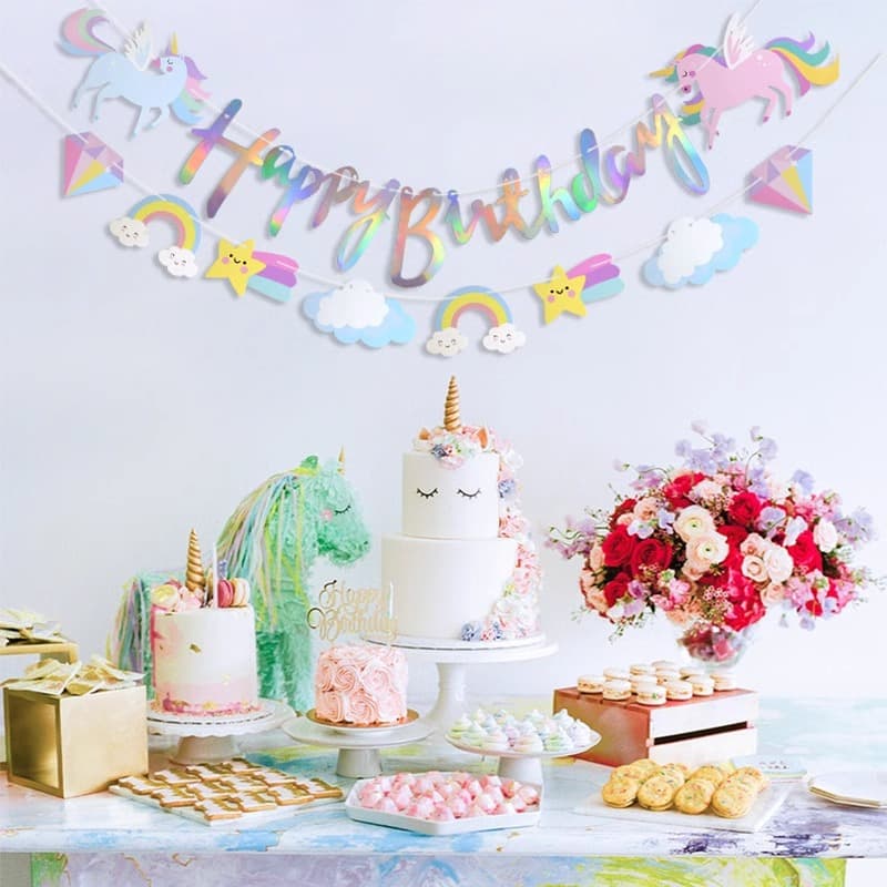 INS Unicorn Rainbow Letter Birthday Banner, Girl Baby Unicorn Theme Birthday Decoration Photo Garland