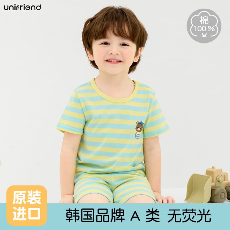 Unifriend Summer Thin Boys' Pajamas Pure Cotton New Children's Air Conditioning Wear for Middle and Older Kids Girls Homewear