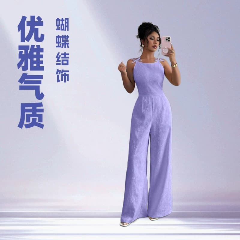 2026 New European and American Style Purple Jacquard Jumpsuit for Women, High-Waist Wide-Leg Bow Tie Strap, Slimming Fashion Commuter