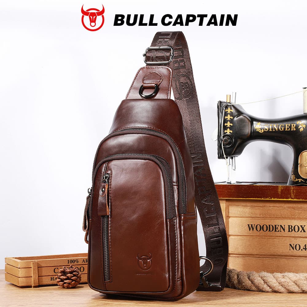 Men's Genuine Leather Single Shoulder Slant Cross Chest Bag Top Layer Cowhide Fashionable Multifunctional Sport Front Pack