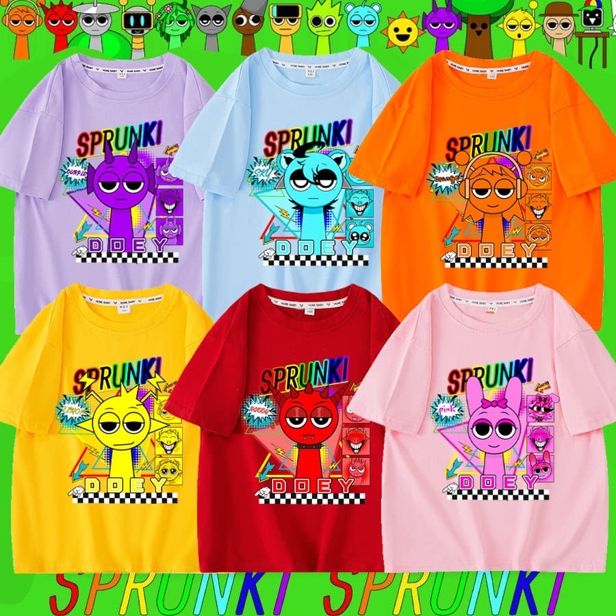 Children's Cartoon Pure Cotton Short Sleeve Sprunki Summer Rhythm Box T-Shirt for Kids, Thin Style