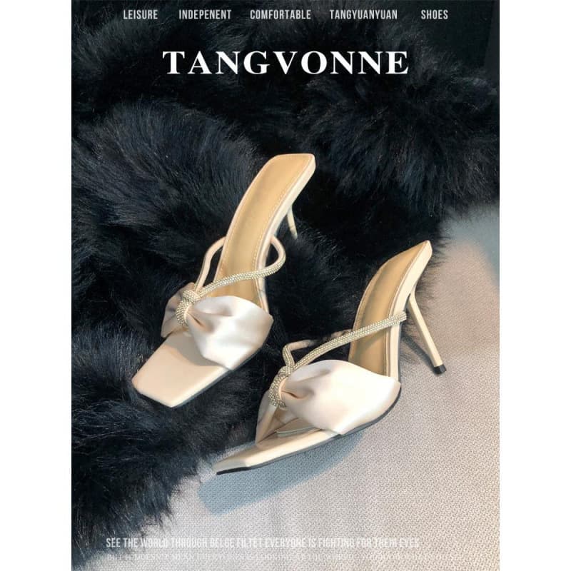 Summer Stunning Square Toe Nude Rhinestone One-Strap High Heel Slide Sandals, Thin Heel Half Slippers, Women's Chic Dress Sandals