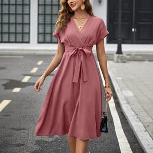 2026 Bestseller Pink Cross V-Neck Dress with Cinched Waist Short Sleeve Solid A-Line Midi Elegant Dress
