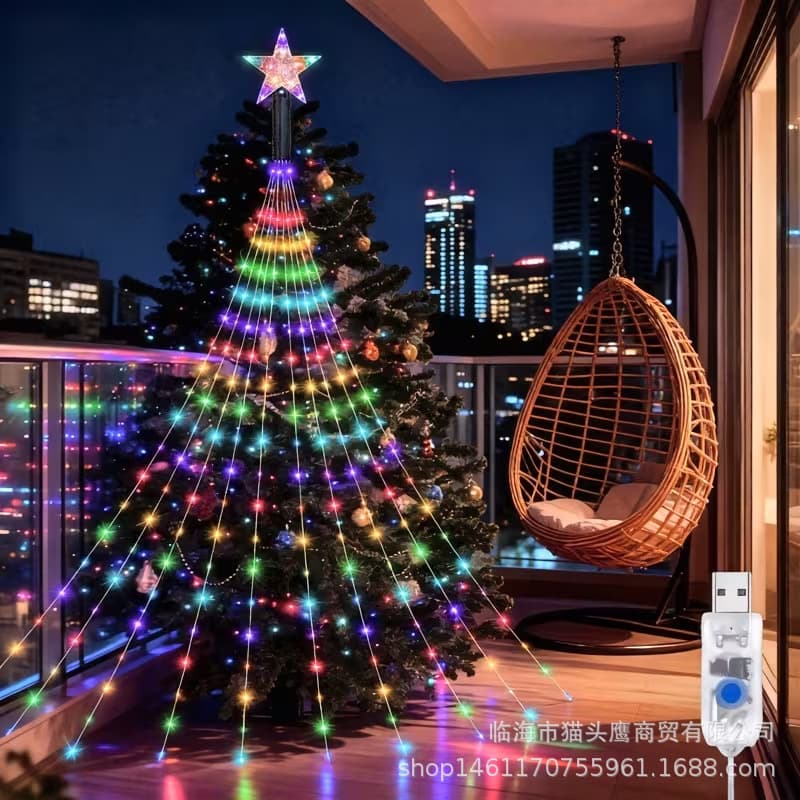 USB Five-Point Star Waterfall Light Skin Wire String Lights Outdoor Garden Christmas Decoration Tree Topper Star Colorful Lights for Cross-Border