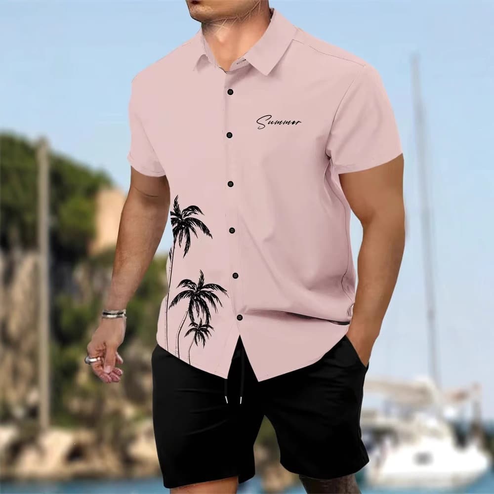 Cross-Border AliExpress Men's New Fashion Hawaiian Short Sleeve Shorts Beach Style Casual Print Shirt Set Men