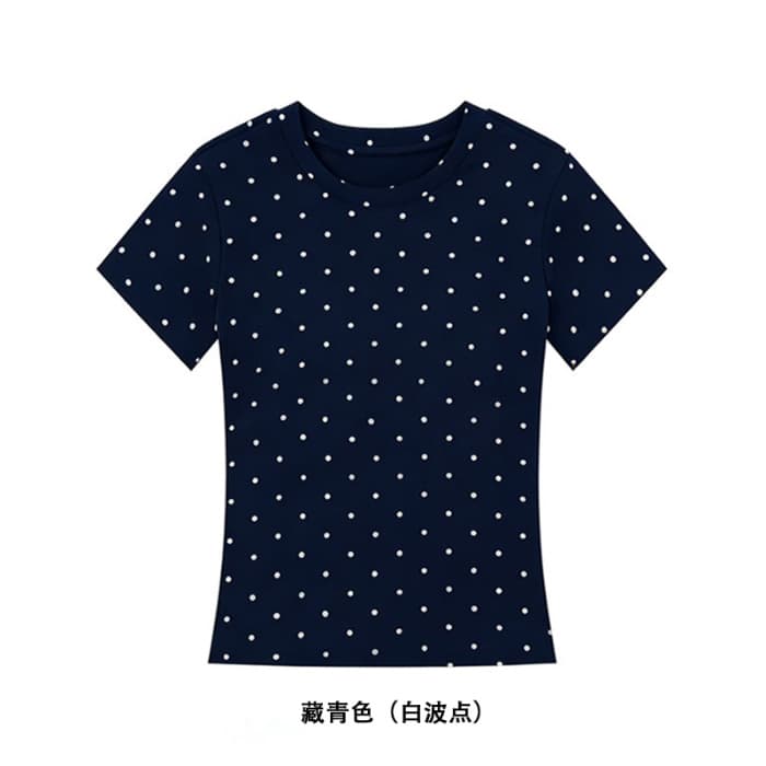 White Crew Neck Polka Dot Short Sleeve T-Shirt for Women, Summer Regular Fit Slimming Base Top, Student Korean Style Trendy Top