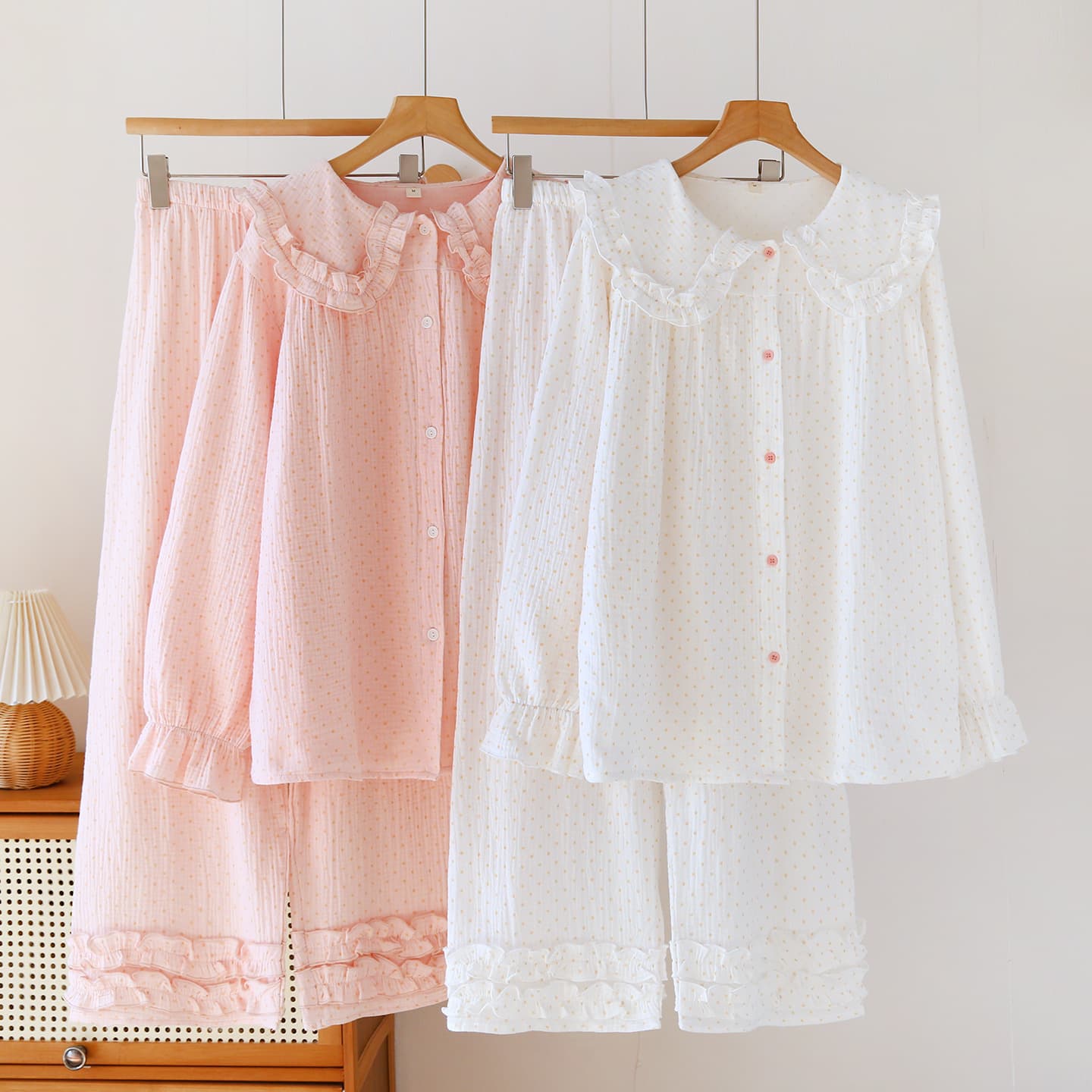 Sweet Small Polka Dot Set Spring Autumn Sleepwear Women Cotton Gauze Loose New Full Cotton Girl Style Homewear Set