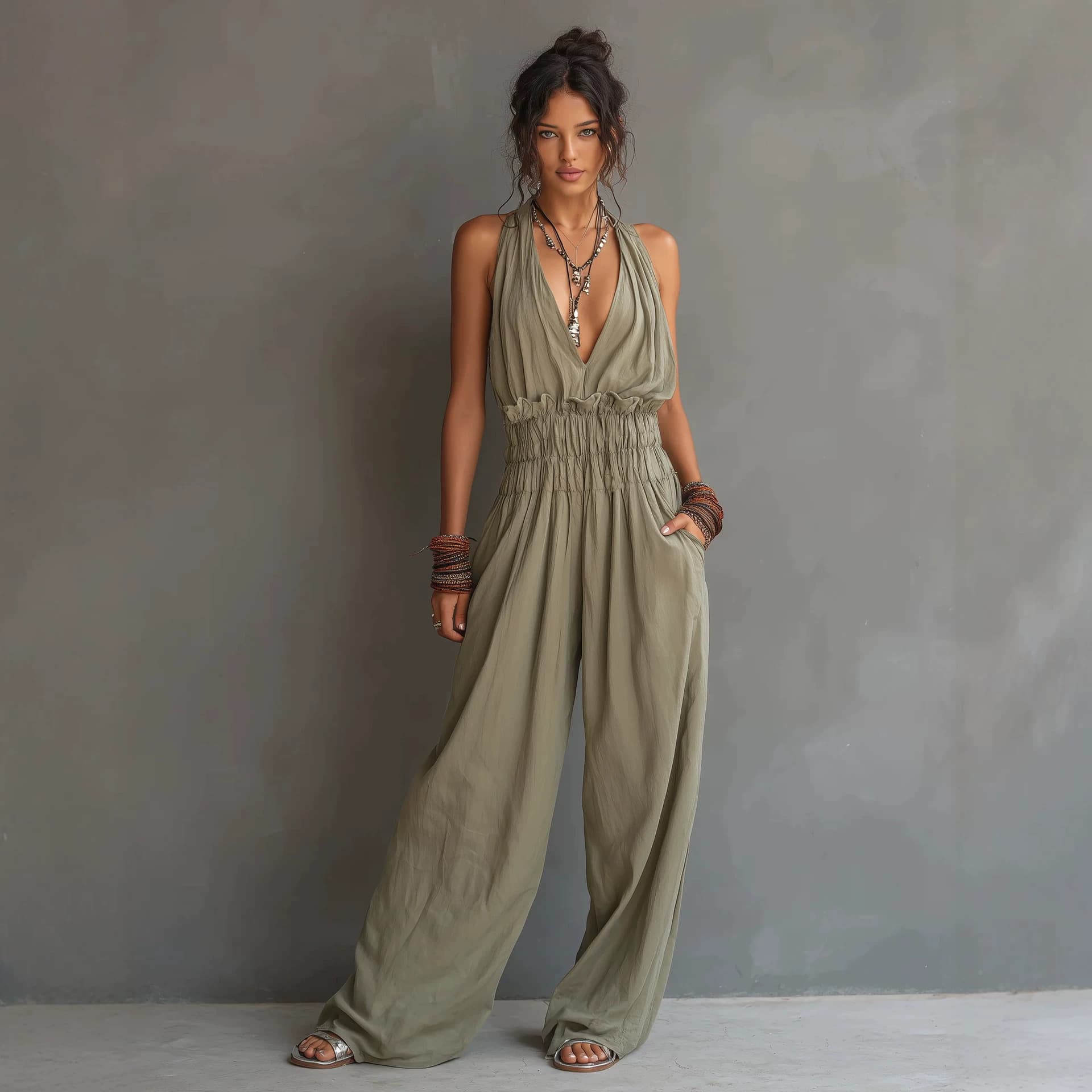 2026 Cross-Border Women's Jumpsuit Summer European and American Style Halter Neck Sleeveless Wide-Leg Pants
