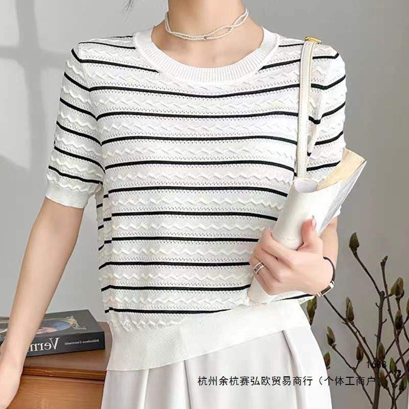 New Summer Ice Silk Striped Round Neck Knit Short Sleeve Slim Stylish Versatile Fashion T-Shirt Top