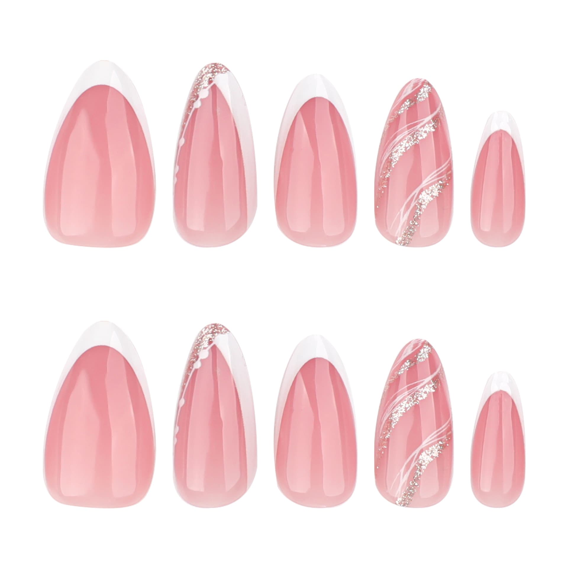 Classic White French Manicure Short Almond Press-On Nails with Silver Glitter Wave Stripes