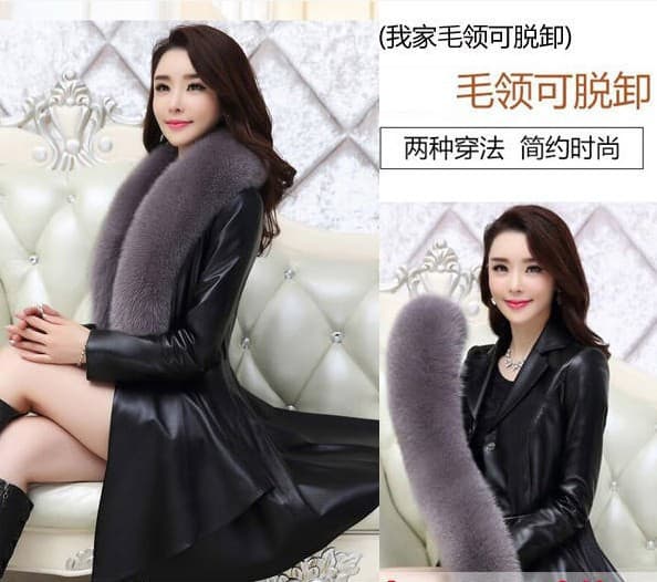 Winter Cotton-Lined Haining Long Leather Coat for Women with Faux Fox Fur Collar, Slim-Fitting Faux Leather Trench Coat