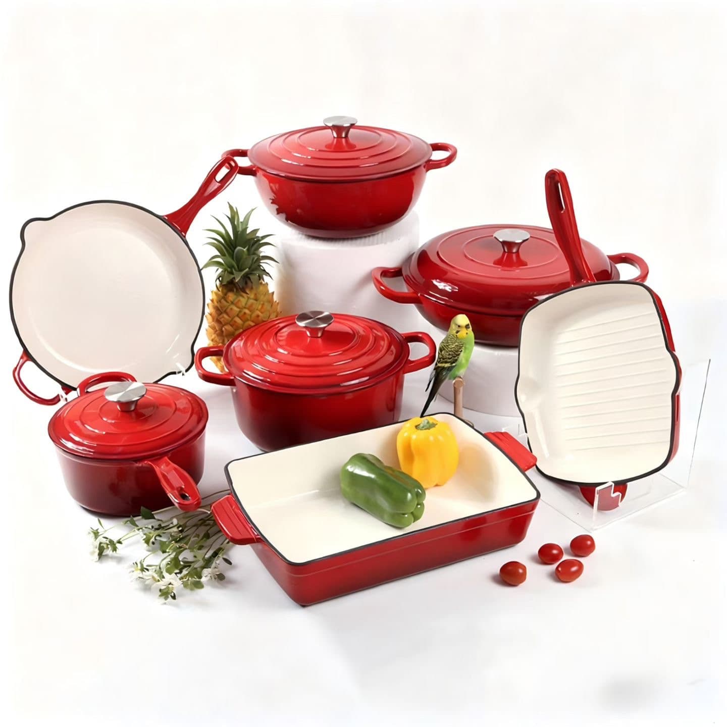 Value Cast Iron Enamel 7-Piece Set, Uncoated, Non-Stick Cast Iron Stew Pot, Frying Pan, Multifunctional Enamel Set