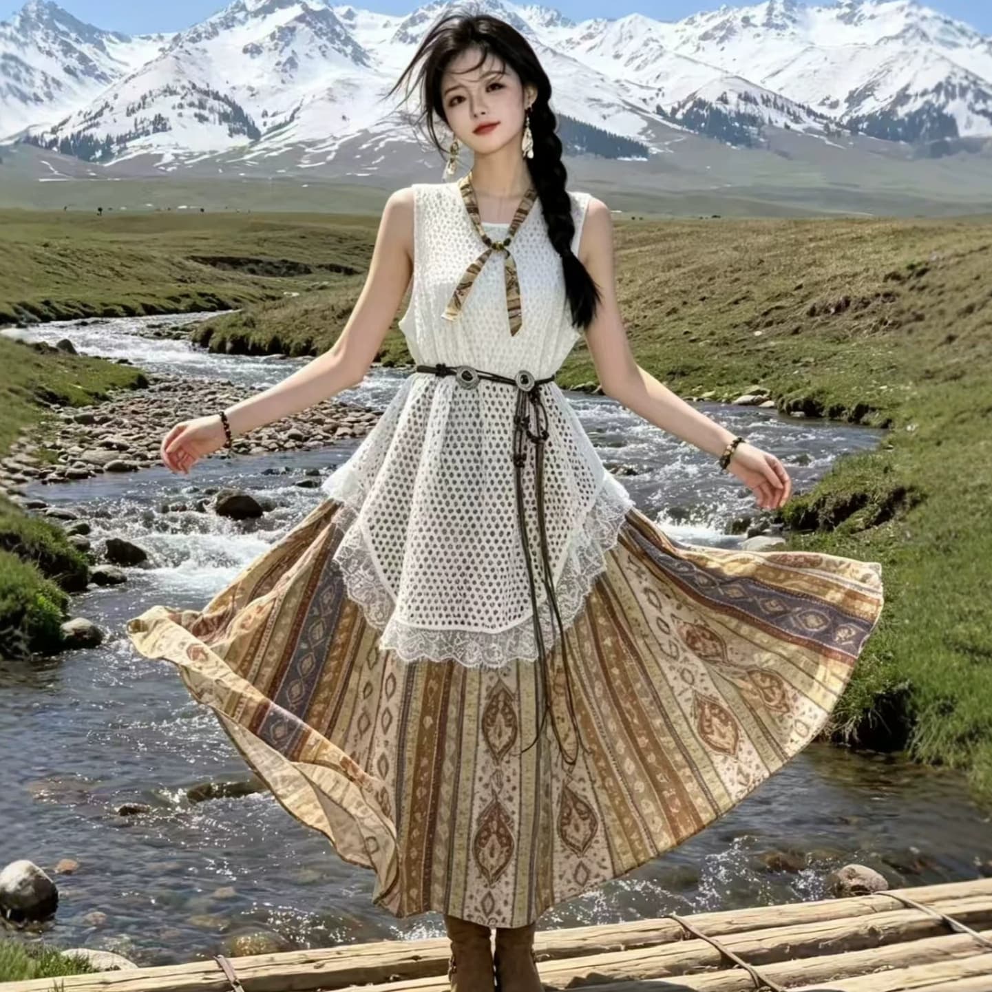 Xinjiang Tourism Ethnic Style Suspenders Dress Women's Summer Grassland Vacation Long Skirt Elegant Lace Splicing Maxi Dress