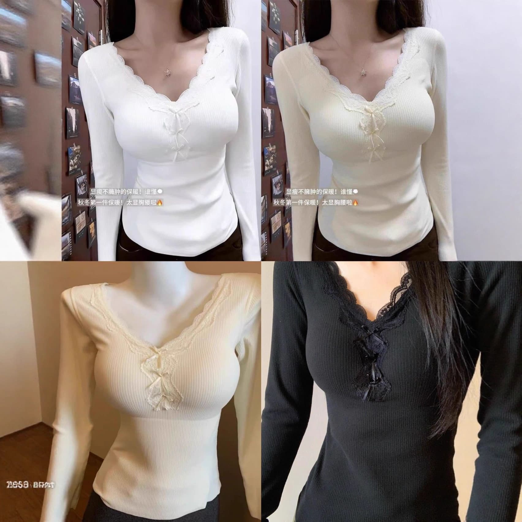 New autumn/winter lace fleece-lined warm base layer top for women with bra pads, slim fit, warm innerwear.