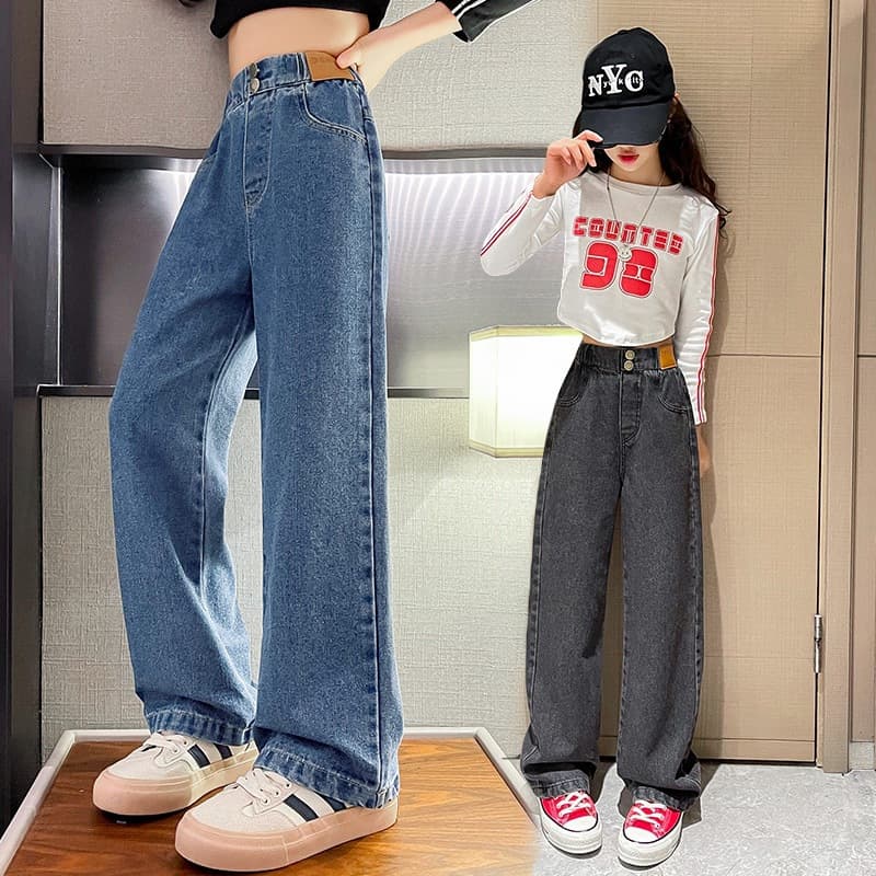 Girls' Loose Straight Leg Pants, Spring/Autumn Casual Long Pants, Fashionable Wide Leg Jeans for Kids