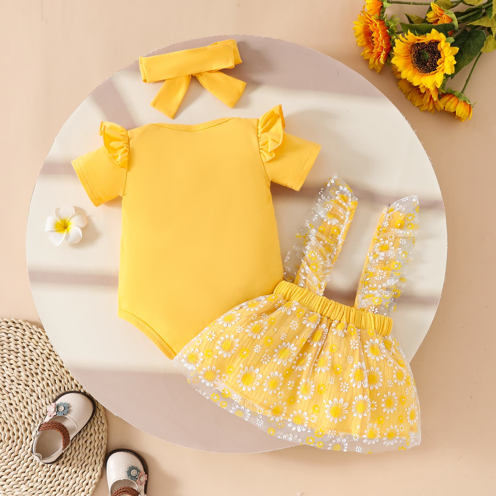 Cross-Border Summer Baby Girl Short Sleeve Suspenders Mesh Skirt Three-Piece Set Short Sleeve Bodysuit Crepe Flower Dress Trendy