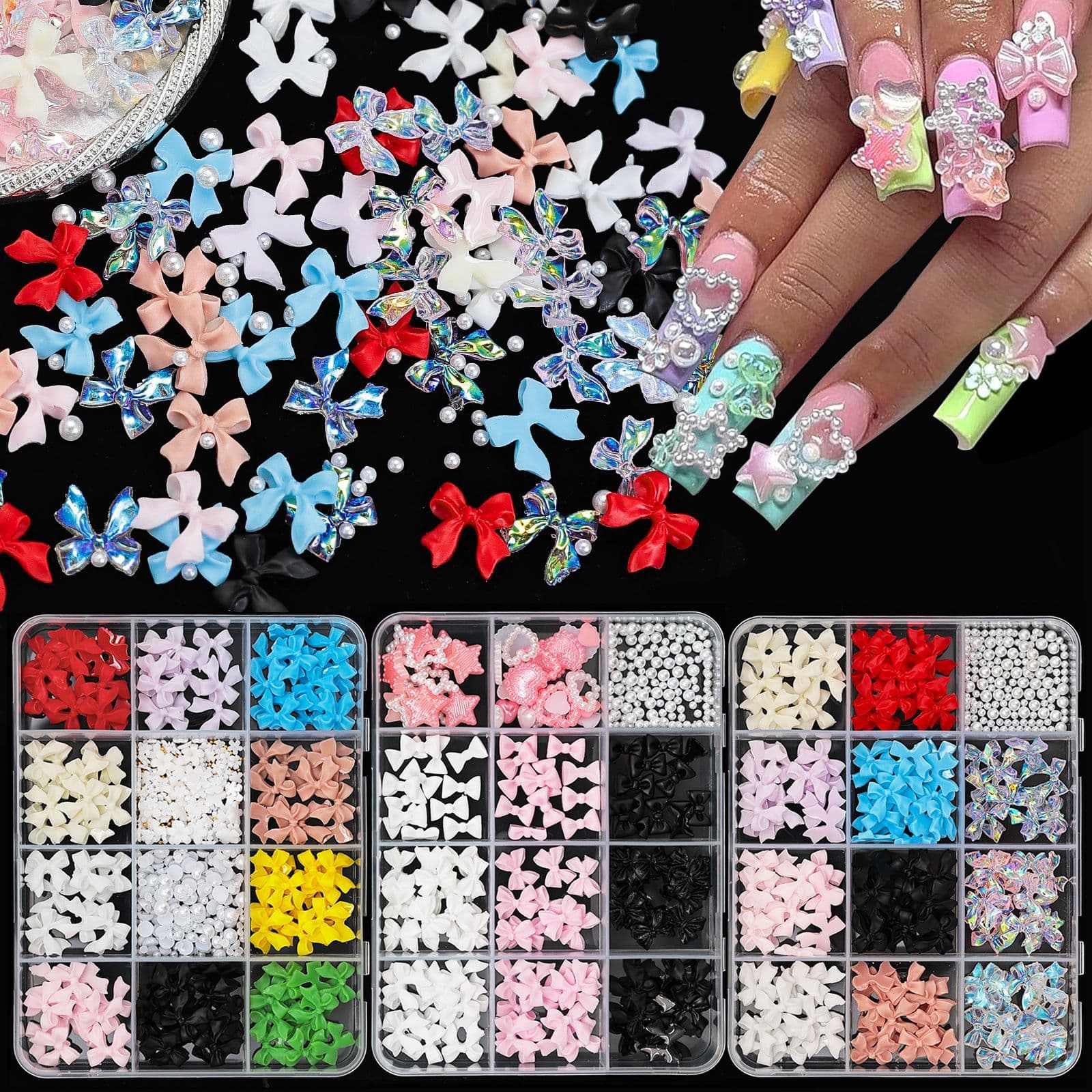 Aurora Butterfly Bow Flower Nail Art Decoration 12-Grid Resin Flat-Back Rhinestone Half-Round Pearl Accessory Resin Nail Rhinestone