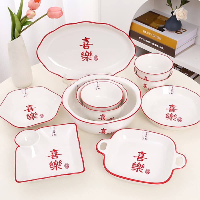 2026 New Xile Tableware Wedding Dowry Gift Bowl Set Red Double Happiness Bowls Plates Chopsticks Housewarming Gift Box Bone China