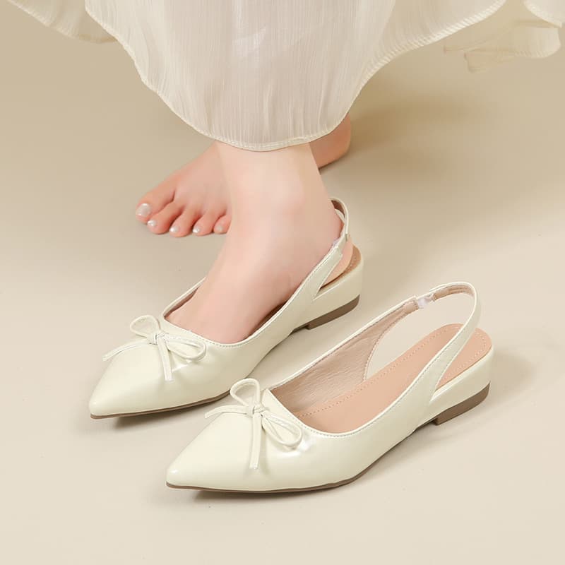Soft leather version of French pointed-toe bow flat shoes for women, summer outer wear, temperament, one-line straps, empty toe cap sandals