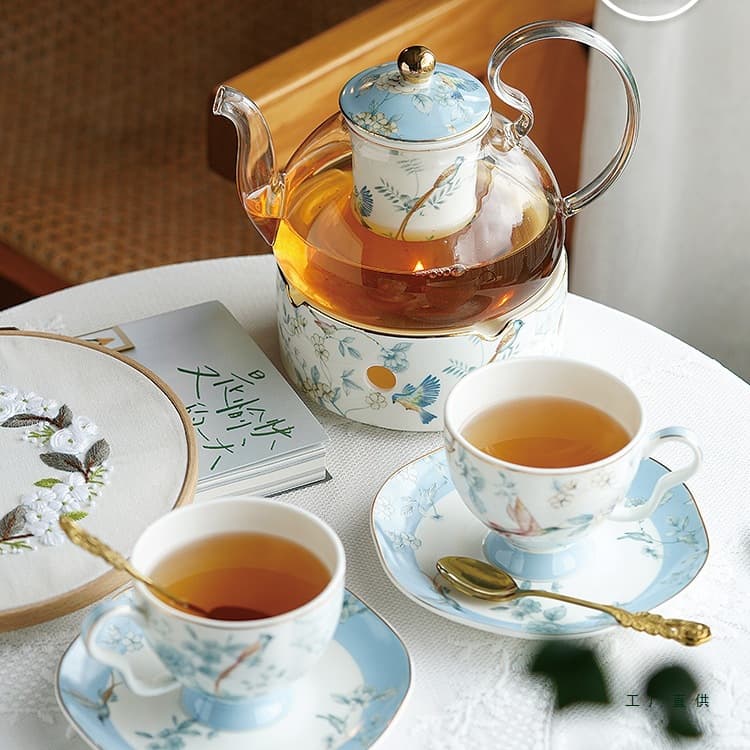 English afternoon tea set with fruit teapot, luxury coffee cups, candle-heated teacup set, flower teapot