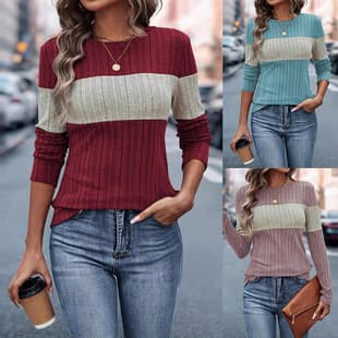 Women's European and American Style 2026 Spring New Arrival Amazon TEMU Independent Station Casual Color Block Ribbed T-Shirt Round Neck