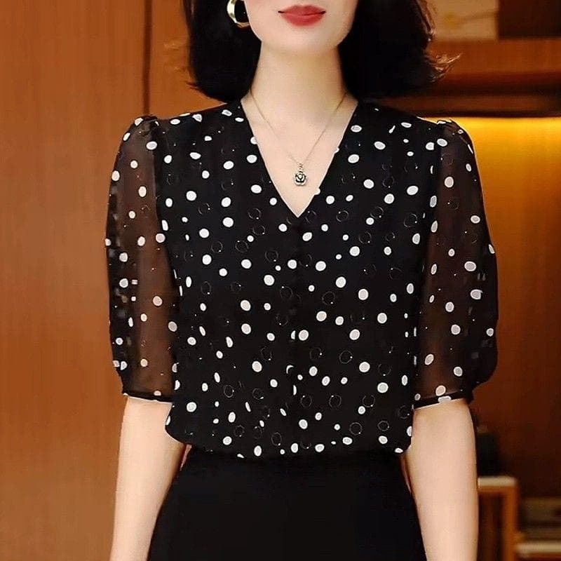 Summer Age-Defying Slimming Polka Dot Print Half-Sleeve Top, Fashionable and Versatile, Stylish Tummy-Covering Plus-Size Chiffon Blouse for Women