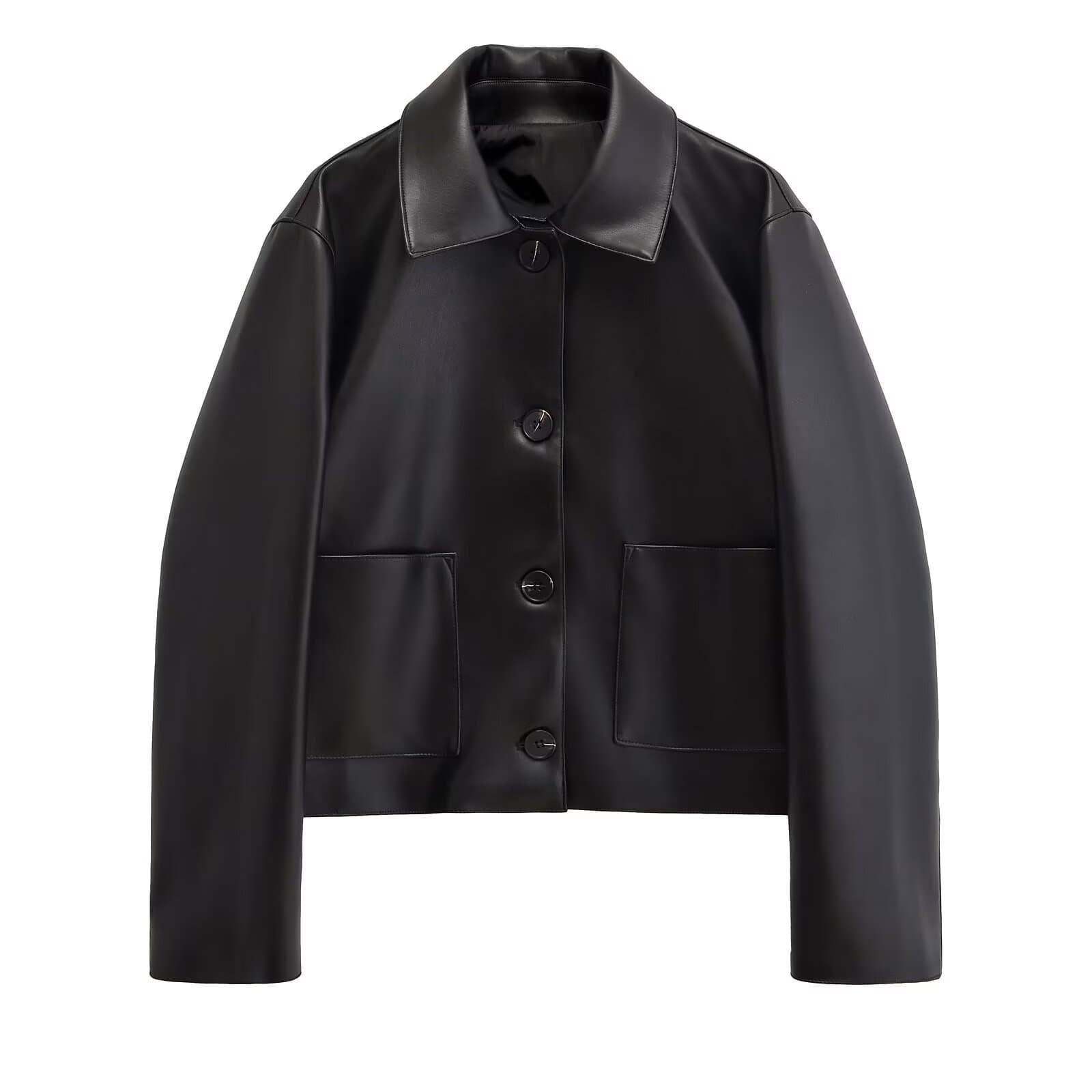 Z Cross-Border Autumn Leather Jacket Women's Polo Collar Single-Breasted High-Waist Straight Coat European and American Simple Turn-Down Collar Leather Jacket
