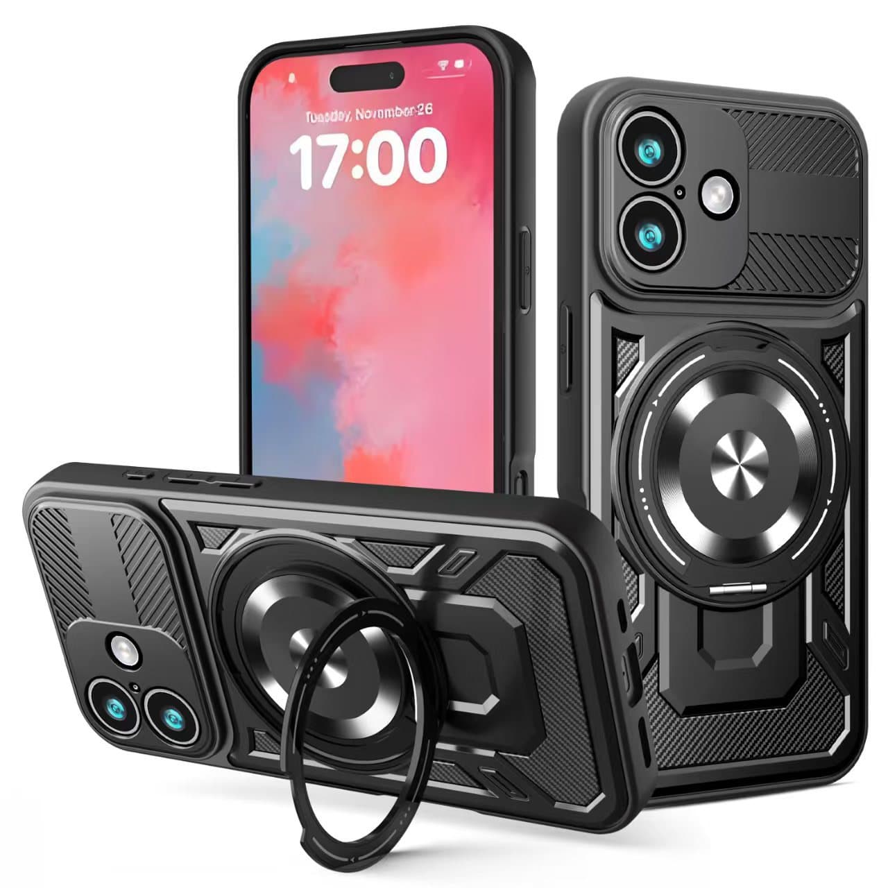 Compatible with Apple iPhone 17 Premium Armor Phone Case, Apple 17 Pro Rotating Stress-Relief 360 Stand, Drop-Resistant Protective Cover